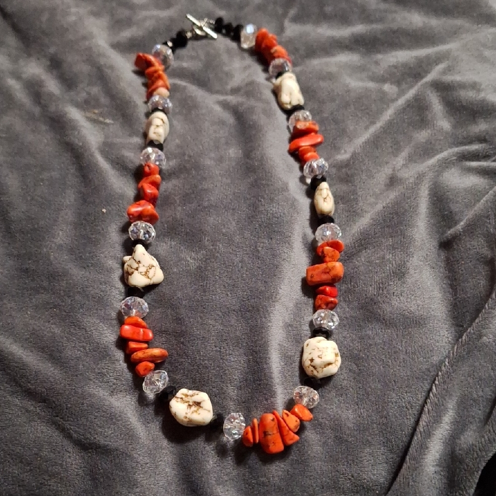 WHiTE Buffalo Turquoise and Coral, crystal.Beaded Necklace